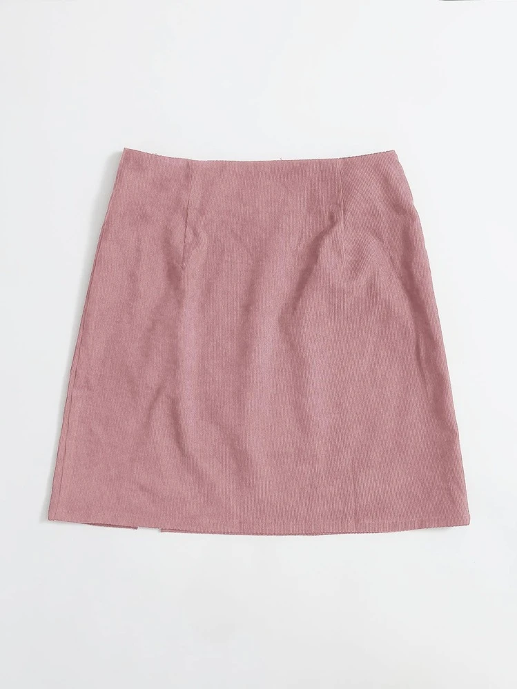 SHEIN EZwear 開衩下擺燈芯絨迷你半身裙 - 藕粉色 - 查看 2