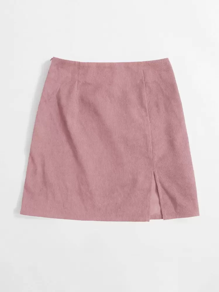 SHEIN EZwear 開衩下擺燈芯絨迷你半身裙 - 藕粉色 - 查看 3