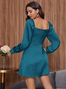 SHEIN Sweetheart Neck Button Front Satin Dress - Teal Blue - View 2