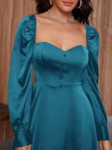 SHEIN Sweetheart Neck Button Front Satin Dress - Teal Blue - View 5