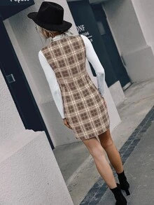 格子呢圖案無袖前繫帶圍裹式洋裝不帶T恤 - 彩色 - 查看 2