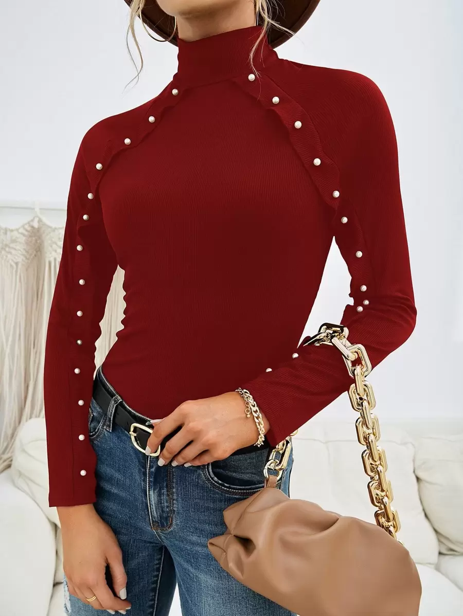 珍珠串珠高領條紋針織套頭毛衣