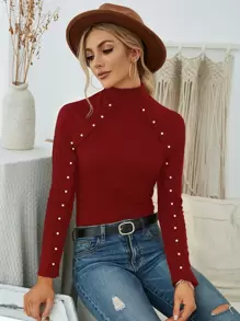 珍珠串珠高領條紋針織套頭毛衣