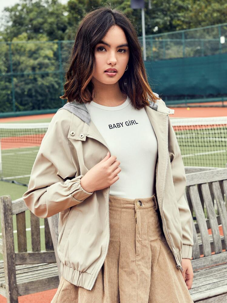 SHEIN جاكيتات نسائية الزر الجيب سستة الصاف كاجوال - كاكي - مشاهدة 3