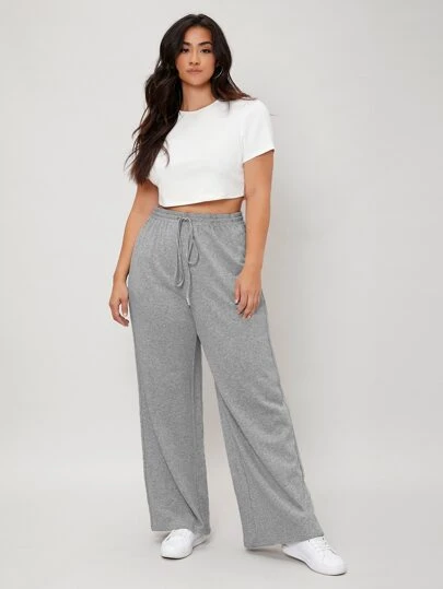 SHEIN BASICS Plus Terry Drawstring Waist Wide Leg Sweatpants, For Winter/Summer