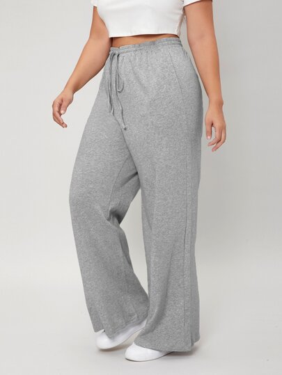 SHEIN BASICS Plus Terry Drawstring Waist Wide Leg Sweatpants, For Winter/Summer