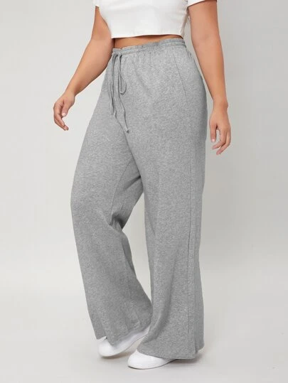 SHEIN BASICS Plus Terry Drawstring Waist Wide Leg Sweatpants, For Winter/Summer