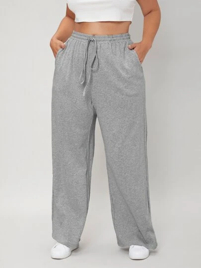 SHEIN BASICS Plus Terry Drawstring Waist Wide Leg Sweatpants, For Winter/Summer