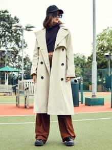 SHEIN Double Breasted Trench Coat With Belt - Khaki - View 1