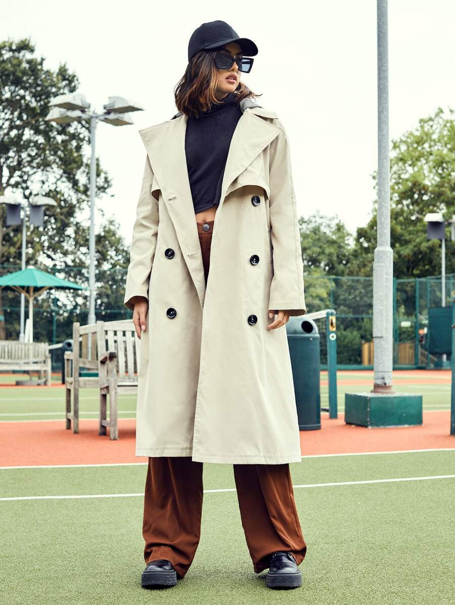 SHEIN Double Breasted Trench Coat With Belt - Khaki - View 1