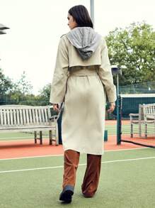 SHEIN Double Breasted Trench Coat With Belt - Khaki - View 2