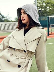 SHEIN Double Breasted Trench Coat With Belt - Khaki - View 3