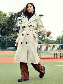 SHEIN Double Breasted Trench Coat With Belt - Khaki - View 4