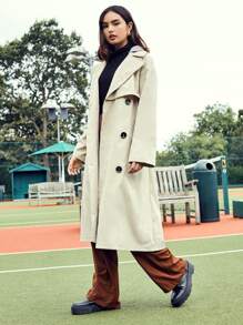 SHEIN Double Breasted Trench Coat With Belt - Khaki - View 5