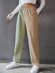 High Waist Two Tone Flap Pocket Side Trousers - Multicolor - View 4