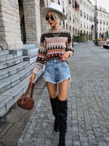 Pullover mit Geo Muster, Drop Shoulder