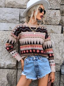 Pullover mit Geo Muster, Drop Shoulder