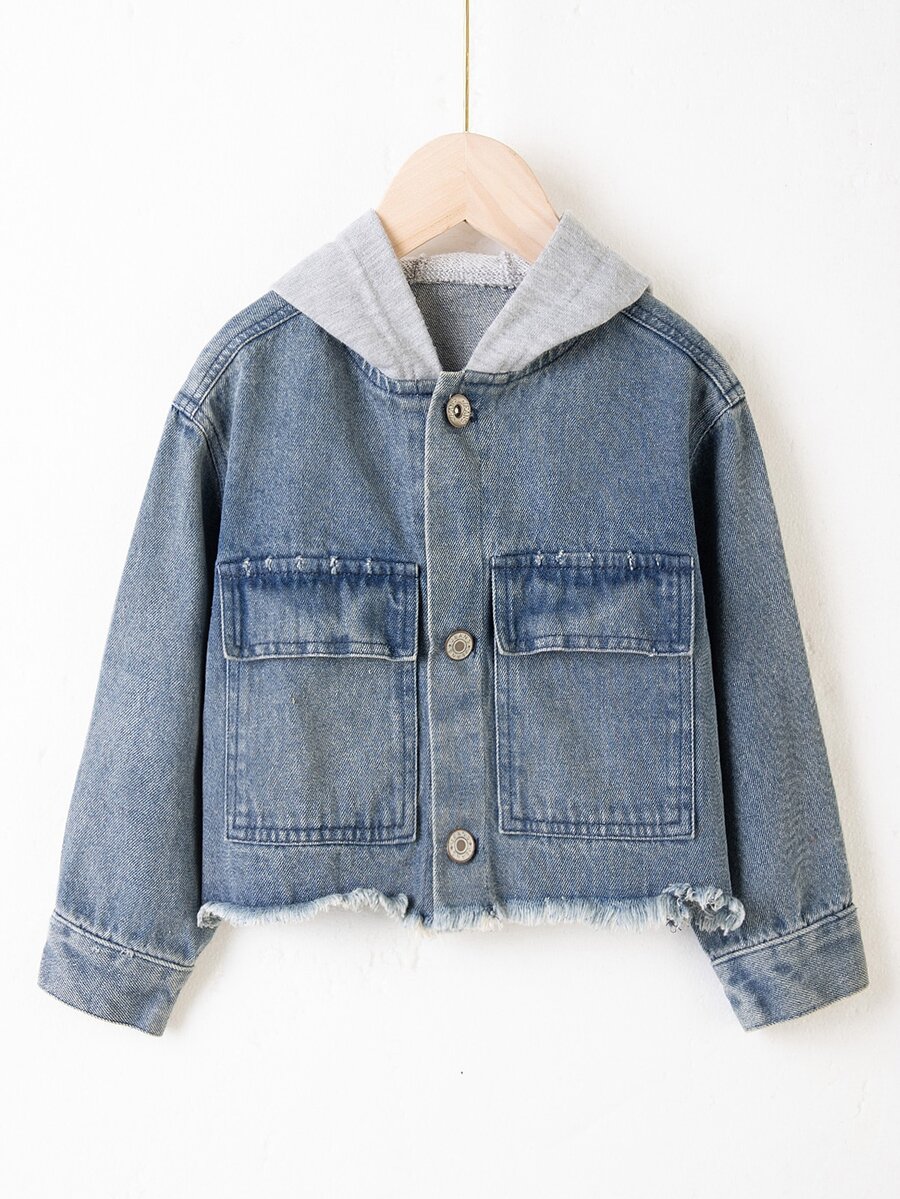 Toddler Boy Denim Jackets & Áo Khoác Túi Hem thô Nút phía trước Khối Màu Giải trí - Rửa trung bình - Xem 1
