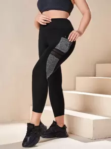 Easithlete Plus Four-way Stretch Contrast Side Seam Mesh Insert Sports Leggings With Phone Pocket - Black - View 1