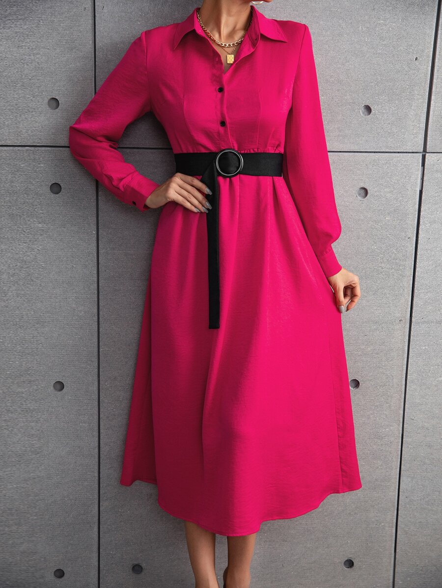 Đầm Thắt lưng Nút phía trước màu trơn Giải trí - Màu Hồng Tươi - Xem 1