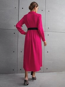 Đầm Thắt lưng Nút phía trước màu trơn Giải trí - Màu Hồng Tươi - Xem 2