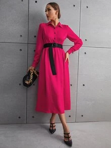 Đầm Thắt lưng Nút phía trước màu trơn Giải trí - Màu Hồng Tươi - Xem 4