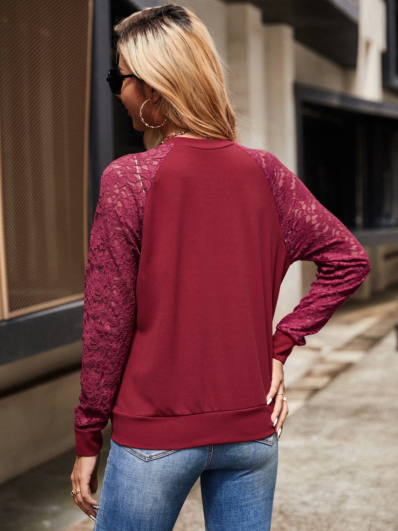 Contrast Lace Raglan Sleeve Zip Up Bomber Jacket SHEIN USA