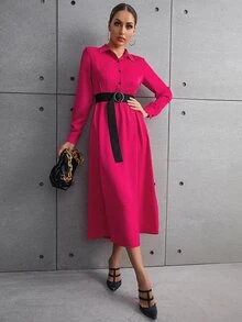 Đầm Thắt lưng Nút phía trước màu trơn Giải trí - Màu Hồng Tươi - Xem 6