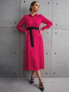 Đầm Thắt lưng Nút phía trước màu trơn Giải trí - Màu Hồng Tươi - Xem 7