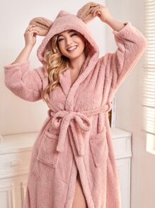 Plus Double Pocket 3D Ear Design Hooded Belted Flannel Robe - Baby Pink - View 3
