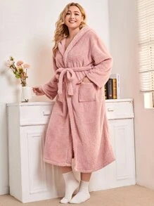 Plus Double Pocket 3D Ear Design Hooded Belted Flannel Robe - Baby Pink - View 4
