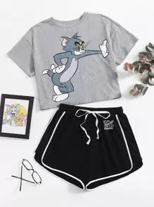 TOM & JERRY X SHEIN 卡通圖形上衣和海豚短褲睡衣套裝