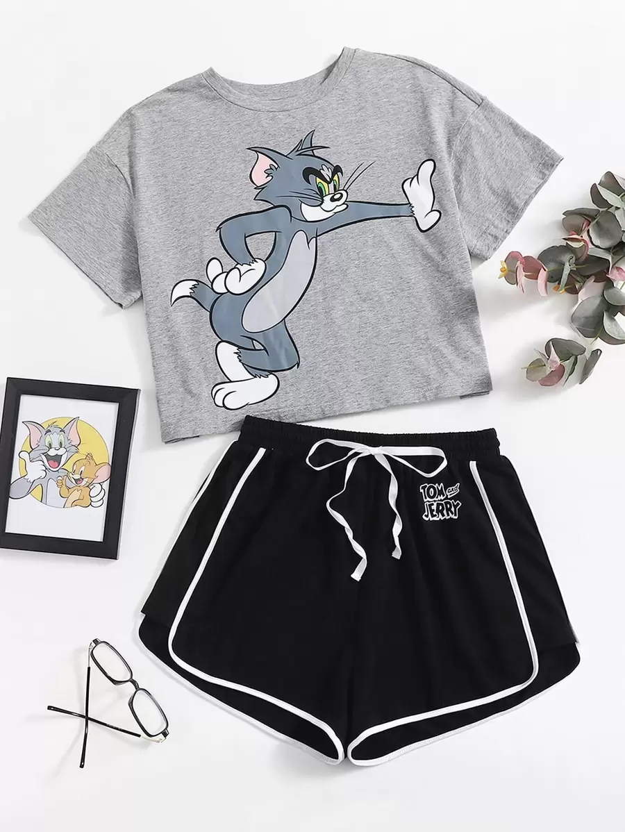 TOM & JERRY X SHEIN 卡通圖形上衣和海豚短褲睡衣套裝