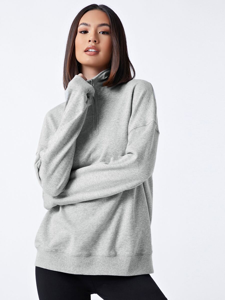 SHEIN BASICS Sudadera Con Cremallera De Media Tapeta De Forro Polar Terry - Gris Claro - Ver 1