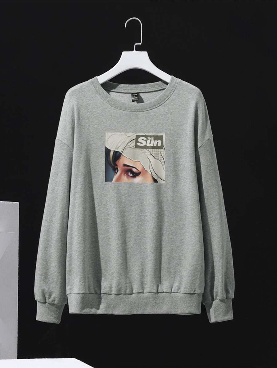 DanzhuHu Drop Shoulder Letter & Figure Print Pullover - Light Grey - View 1