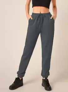 SHEIN BASICS Basics軟毛圈束口純色運動長褲 - 深灰色 - 查看 1