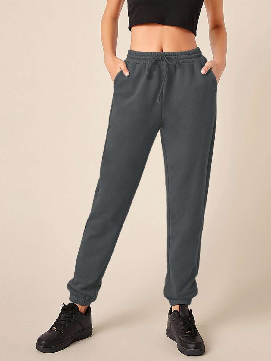 SHEIN BASICS Basics軟毛圈束口純色運動長褲 - 深灰色 - 查看 1