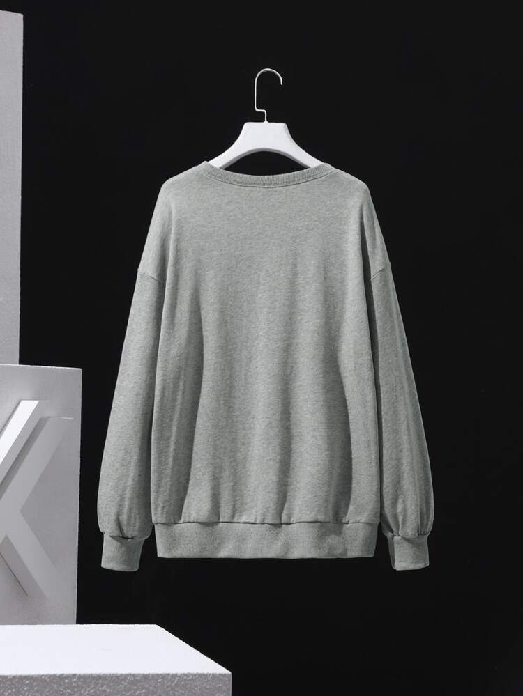 DanzhuHu Pullover de hombros caídos con letra & con estampado de figura - Gris Claro - Añade 2