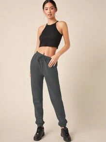 SHEIN BASICS Basics軟毛圈束口純色運動長褲 - 深灰色 - 查看 3