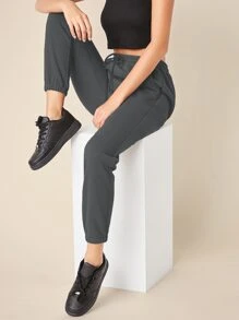 SHEIN BASICS Basics軟毛圈束口純色運動長褲 - 深灰色 - 查看 4