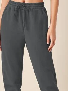 SHEIN BASICS Basics軟毛圈束口純色運動長褲 - 深灰色 - 查看 5