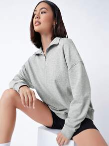 SHEIN BASICS Sudadera Con Cremallera De Media Tapeta De Forro Polar Terry - Gris Claro - Ver 4
