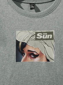 DanzhuHu Drop Shoulder Letter & Figure Print Pullover - Light Grey - View 4