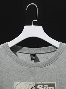 DanzhuHu Drop Shoulder Letter & Figure Print Pullover - Light Grey - View 5