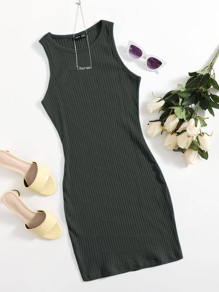 SHEIN Essnce Rib-knit Bodycon Dress - Dark Grey - View 1