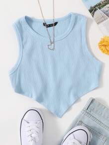 Muchica Đường viền không đối xứng có gân đan áo tăng cắt xén - Màu xanh nhạt - Xem 1