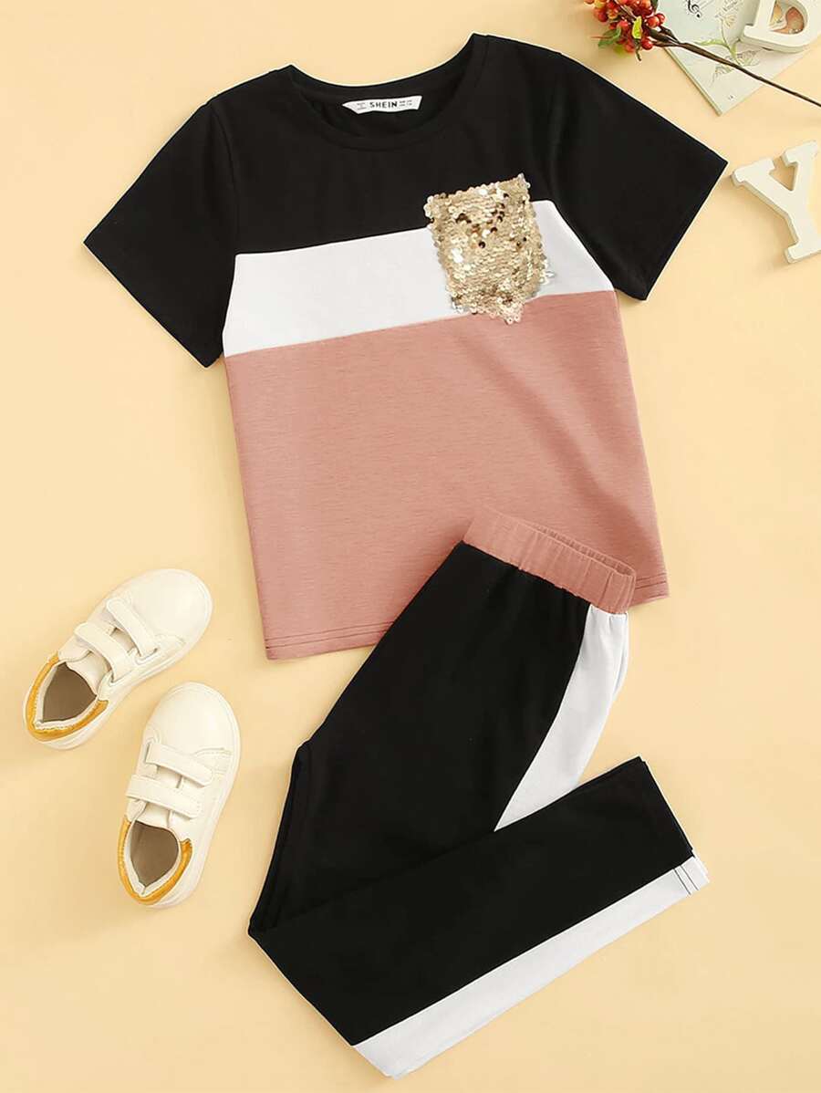 SHEIN Girls Sequin Pocket Patched Colour-block Top & Trousers Set - Multicolor - View 1
