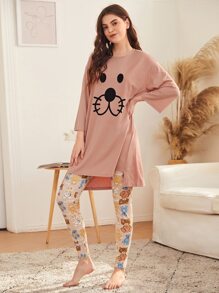 SHEIN Unity Cartoon Graphic High Low Tee & Leggings PJ Set, Fall Clothes - Multicolor - View 1