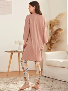 SHEIN Unity Cartoon Graphic High Low Tee & Leggings PJ Set, Fall Clothes - Multicolor - View 2