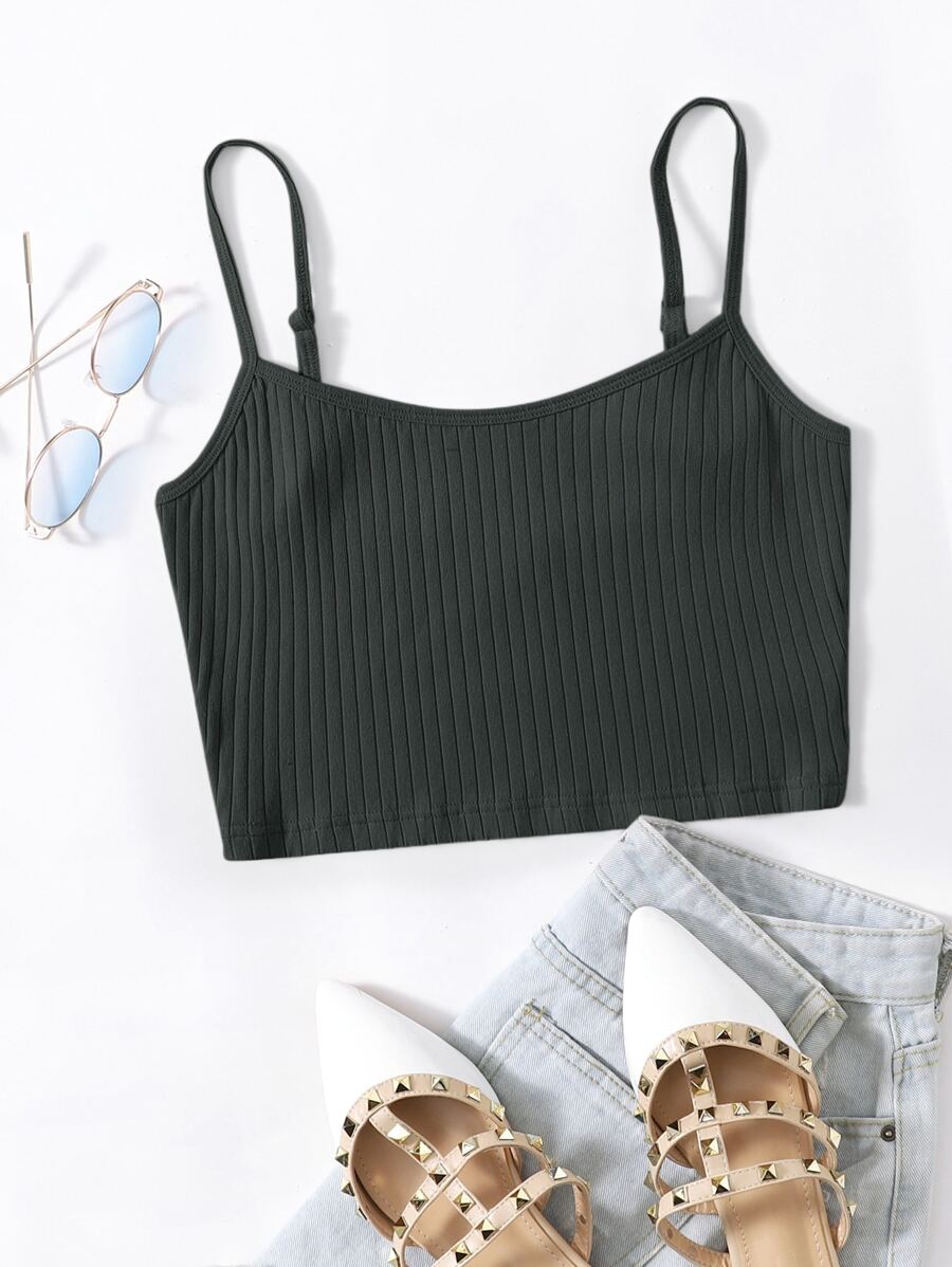 SHEIN EZwear Rib-knit Crop Cami Top - Dark Grey - View 1